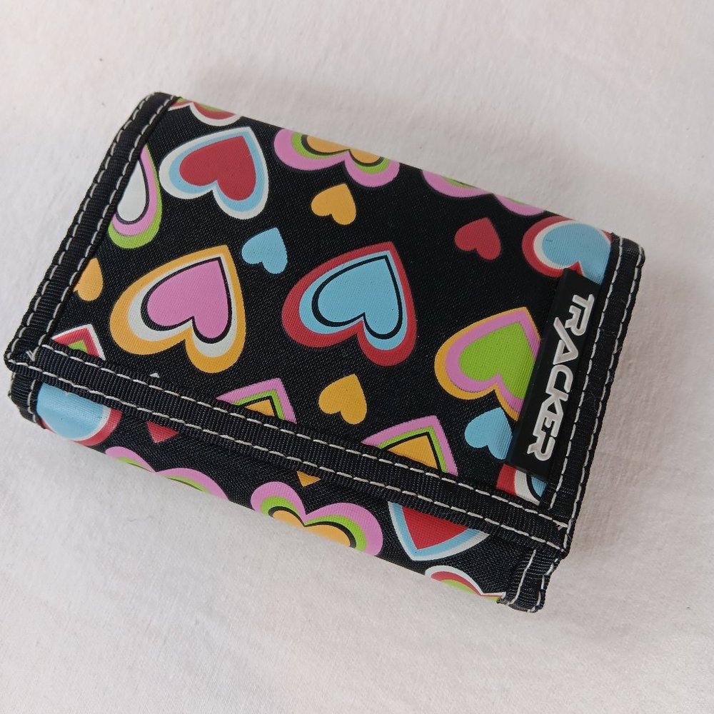 NWOT Tracker Unisex Black Colorful Hearts Graphic Fabric Wallet